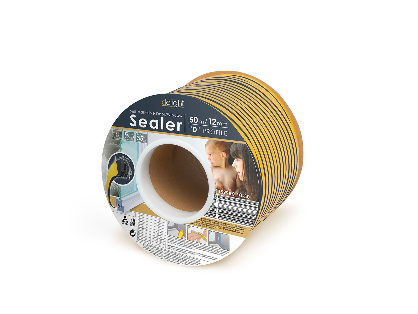 Öntapadós ablak-ajtószigetelő gumiszalag, D profil (50m/12mm) fekete